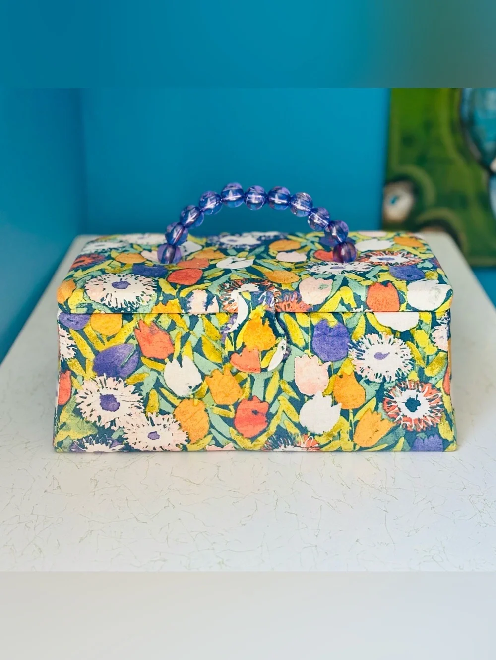 Vintage Floral Tulip Beaded Handle Sewing Box Purse